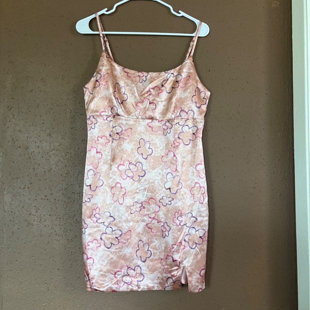 Wild Fable Peach Floral Satin Mini Slip Dress  Slit Adjustable Straps Medium